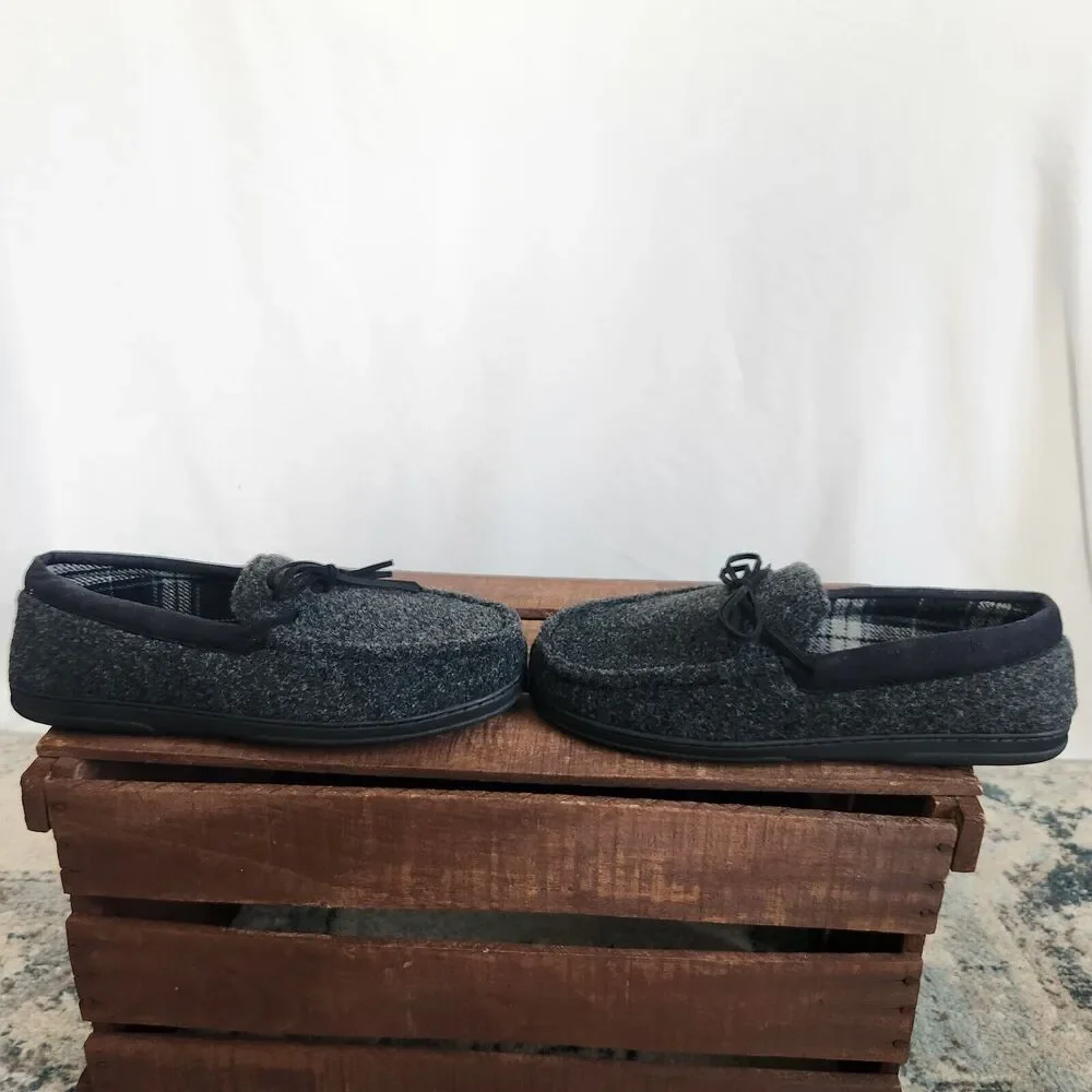 Dearfoams Memory Foam Slippers Mens 11-12 Large Closed Back Gray Shoe Plaid In